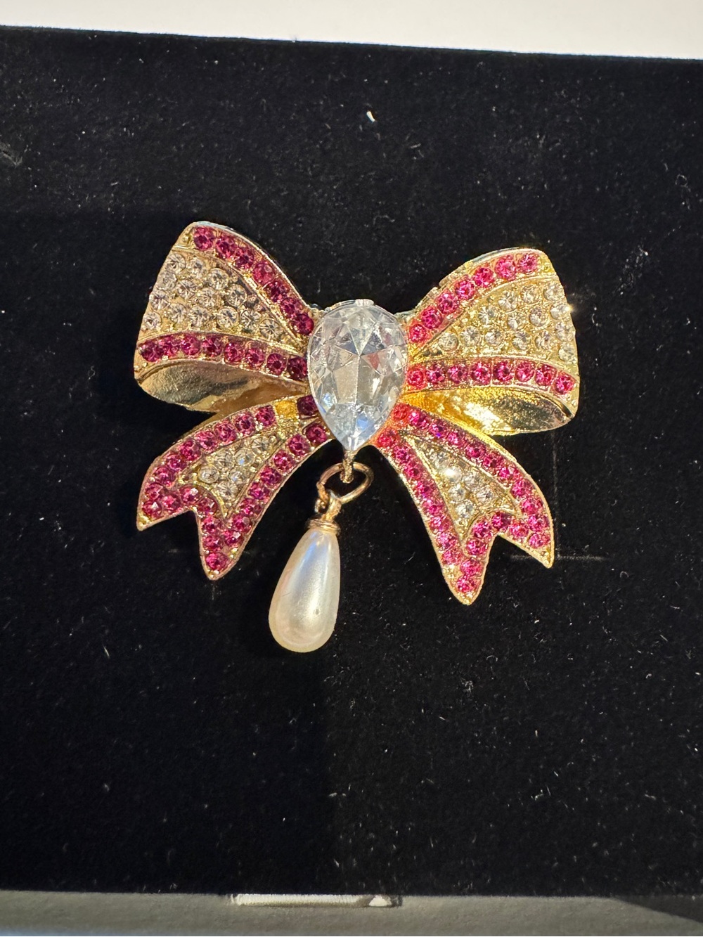 Gold Bow Brooch with Pink Crystals and Pearl Drop
